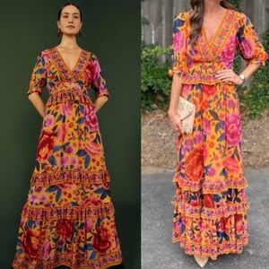 Farm Rio Yellow Floral Dream Short Sleeve Maxi Dress XS